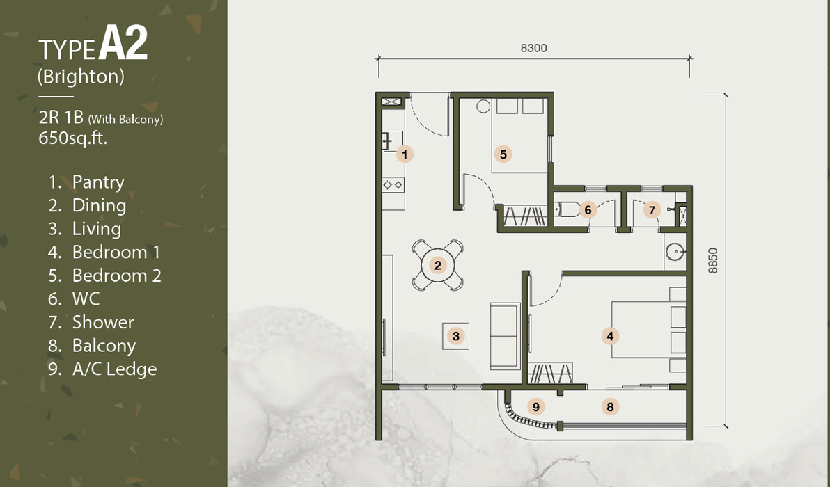 The Stallionz Type A2 | 650 sq.ft floor plan, Ipoh Town City Centre